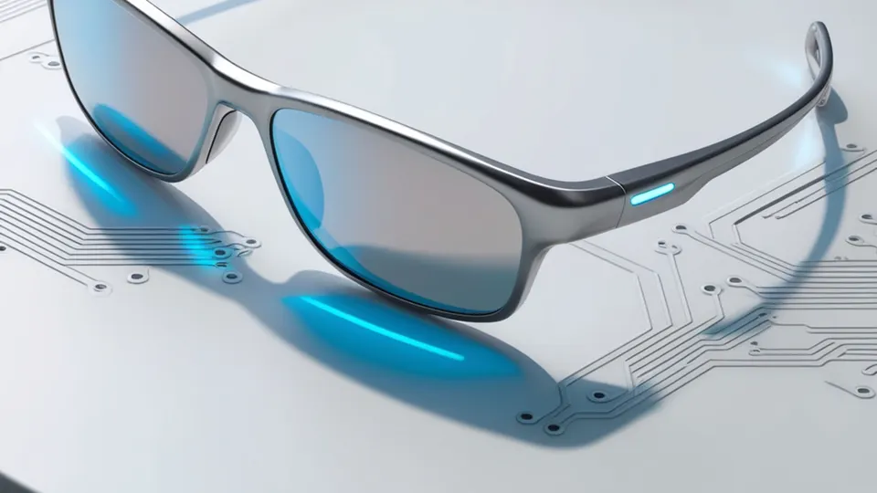 Concept di smart glasses su una superficie tecnologica